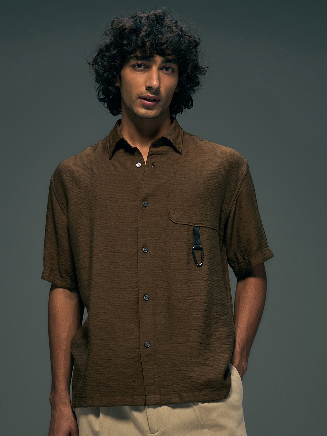 

Flying Machine Self Design Spread Collar Short Sleeves Oversized Fit Shirt, Brown