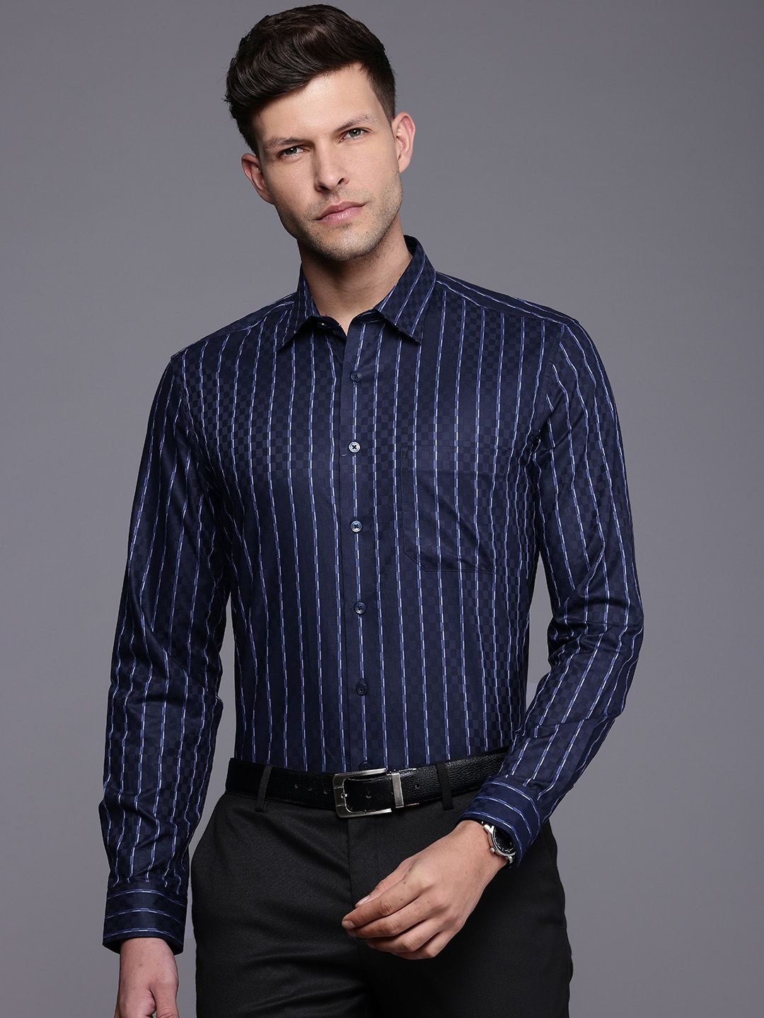 

Louis Philippe Pure Cotton Slim Fit Striped Formal Shirt, Navy blue