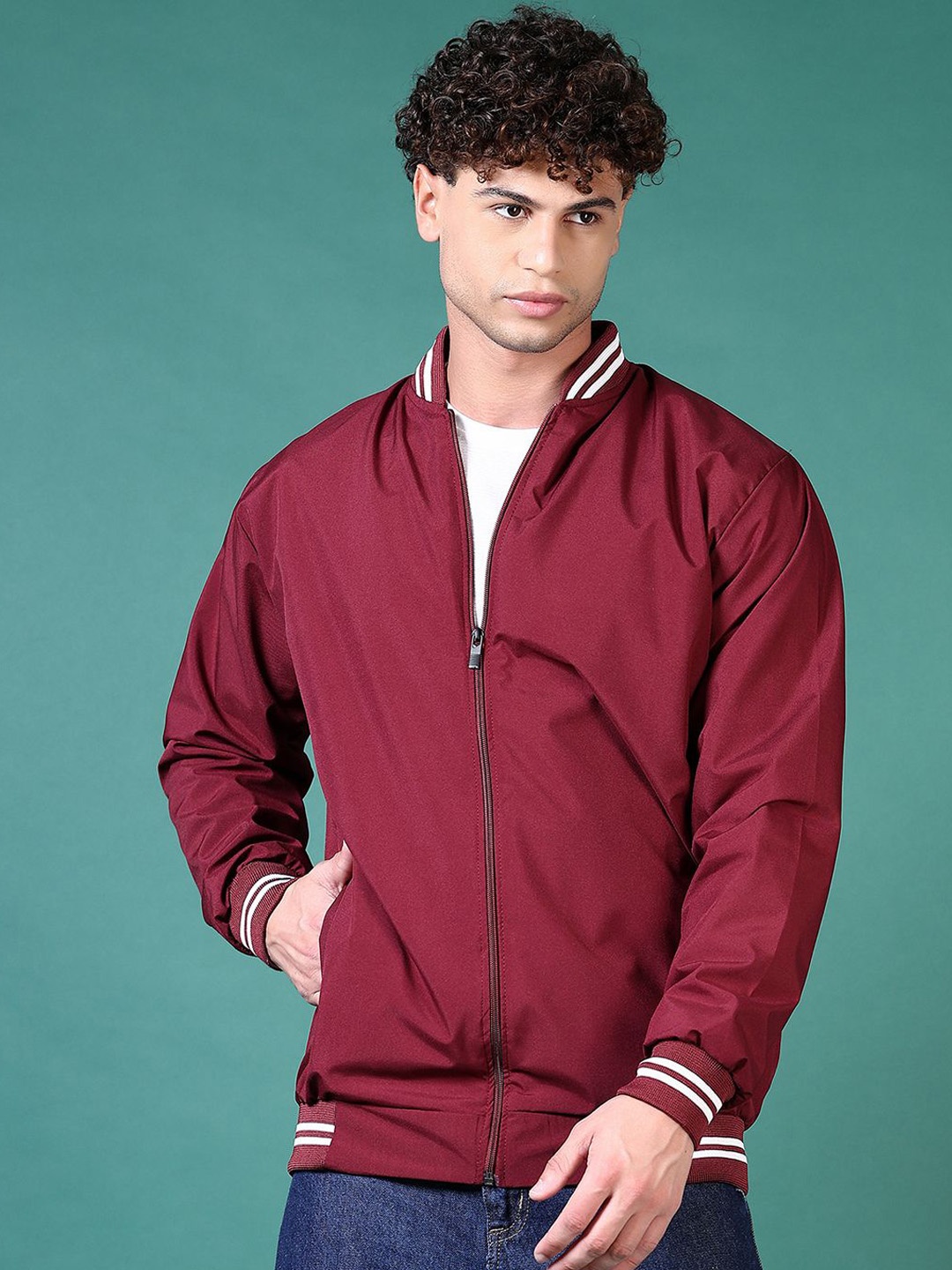 

V-Mart Men Bomber with Embroidered Jacket, Maroon