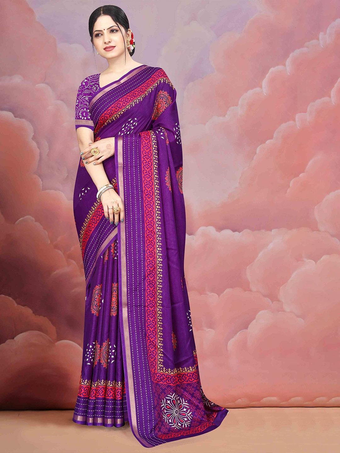 

STAVA CREATION Ethnic Motifs Zari Silk Cotton Mysore Silk Saree, Purple