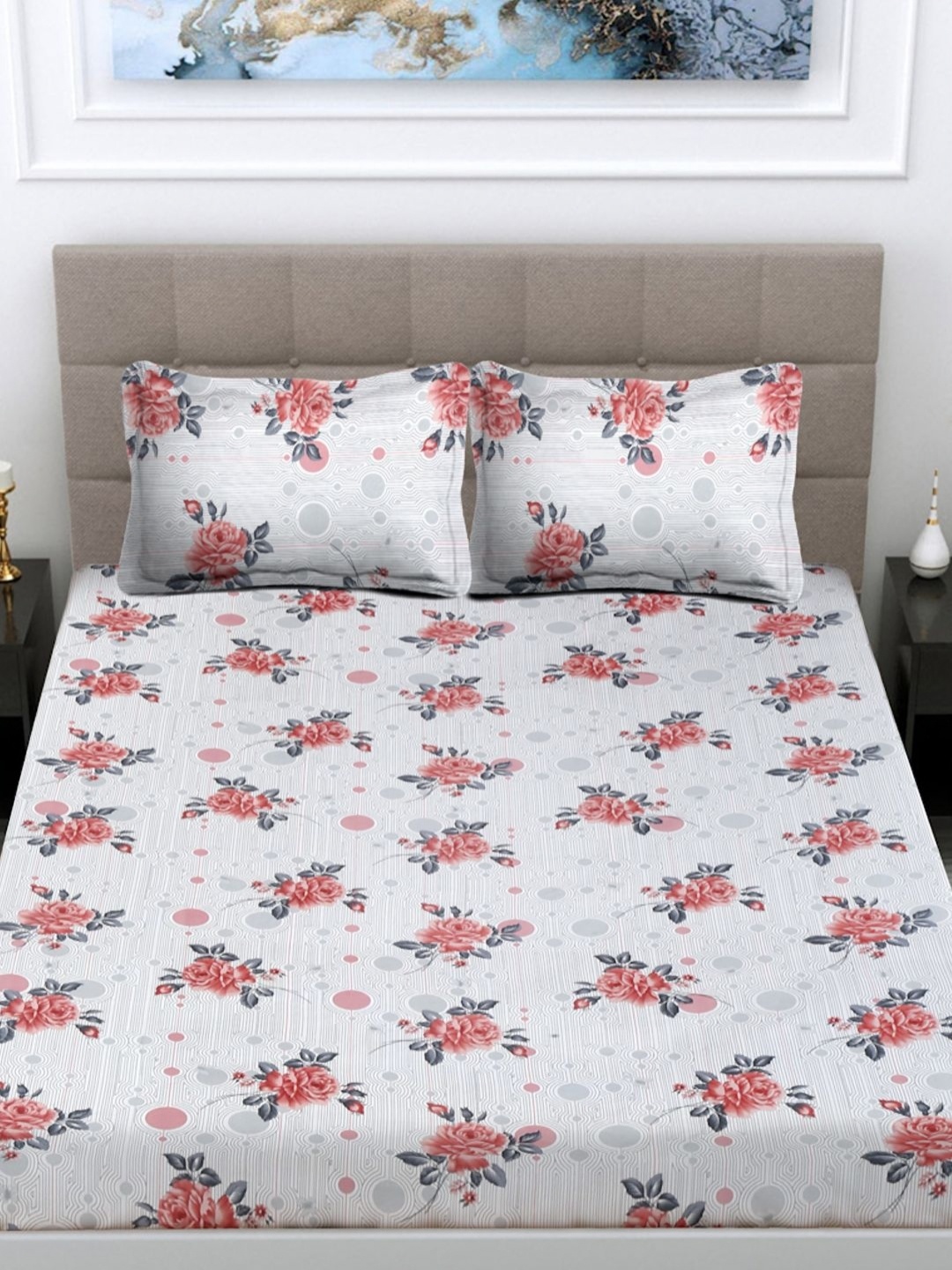 

FABINALIV White & Red Floral 300 TC Fitted King Bedsheet Set 2.50m X 2.25m