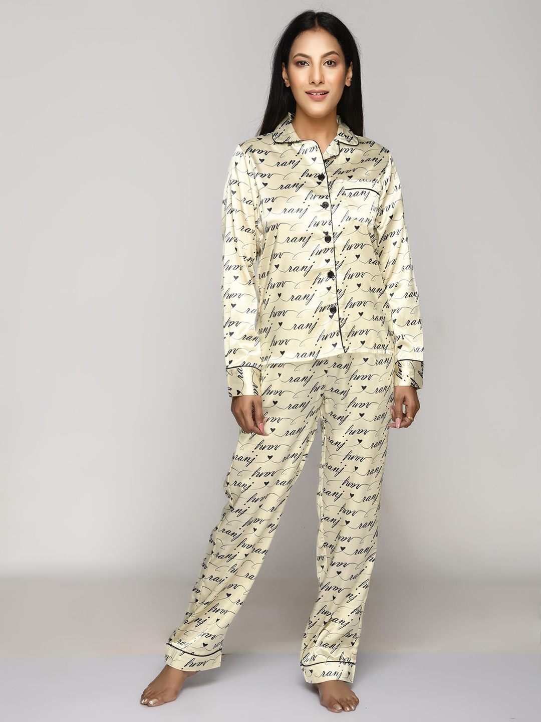 

BAESD Printed Long Sleeve Shirt & Trouser Night Suit, Yellow