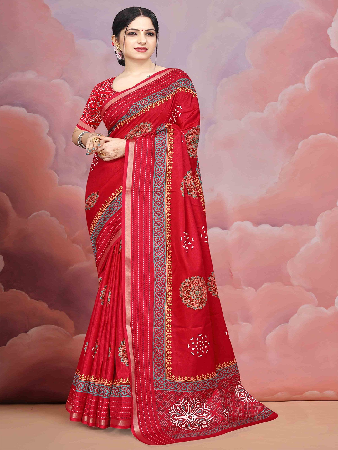 

STAVA CREATION Ethnic Motifs Zari Silk Cotton Mysore Silk Saree, Red