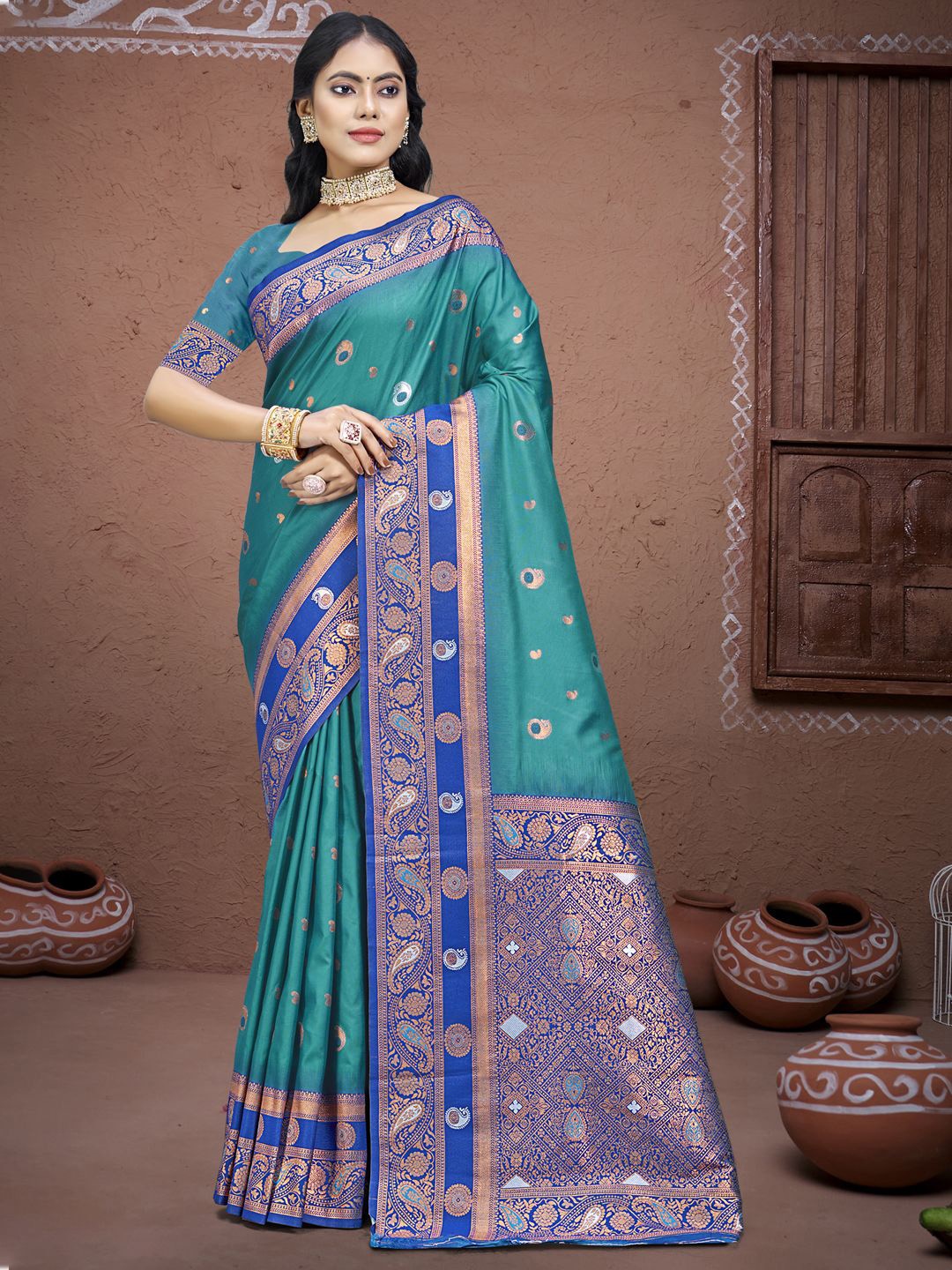 

SANGAM PRINTS Woven Design Silk Blend Designer Tussar Saree, Blue