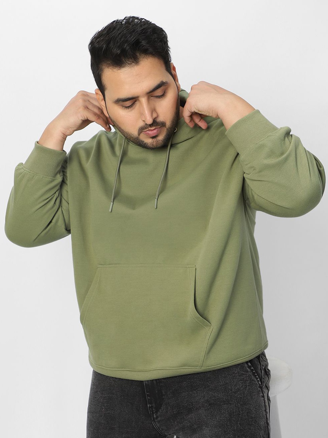 

Urbano Plus Men's Cotton Solid Oversized Hooded Neck Sweatshirt, Green