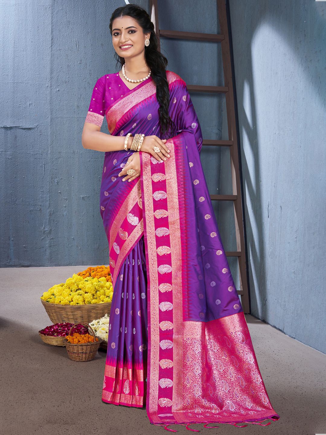 

SANGAM PRINTS Woven Design Zari Silk Blend Tussar Saree, Purple