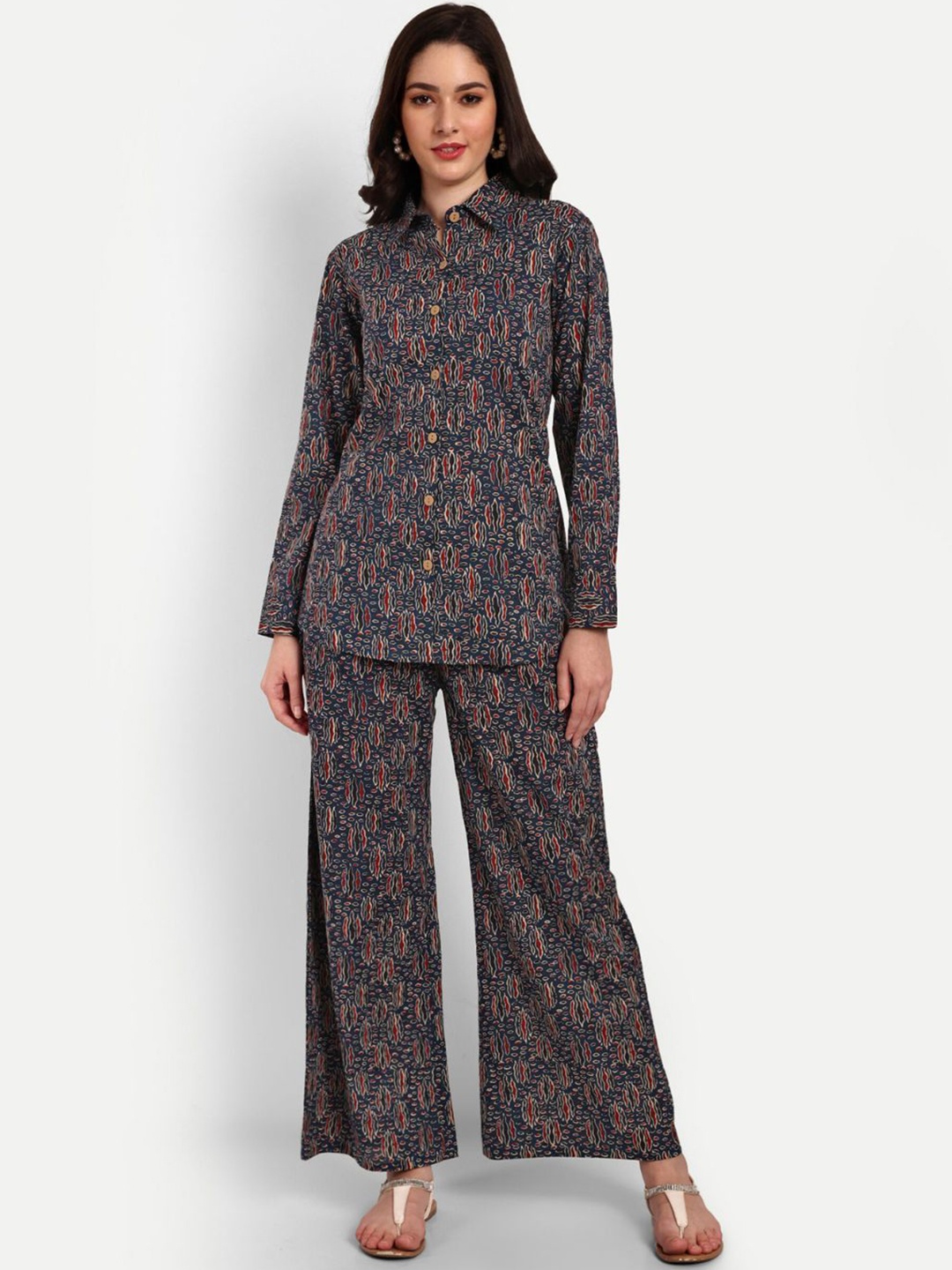 

Serenita Floral Printed Pure Cotton Shirt With Trousers Co-Ords, Navy blue
