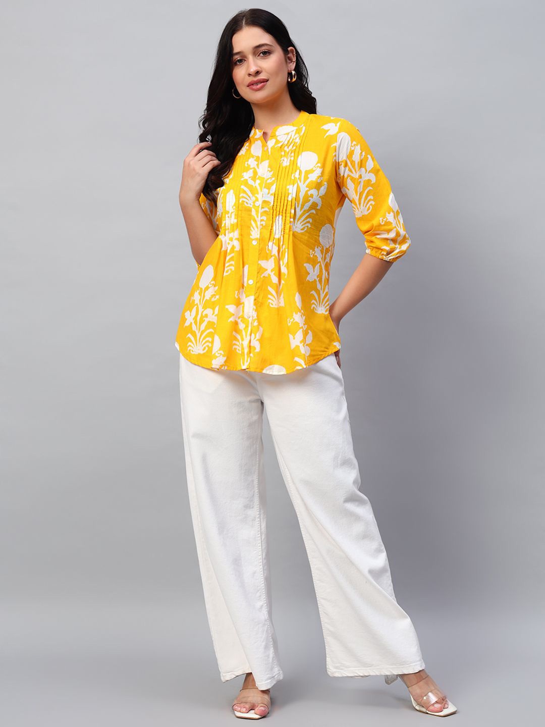 

PIDAVLIYA'S Floral Print Mandarin Collar Cotton Top, Yellow