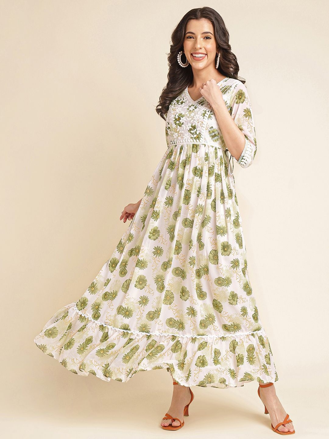 

all about you Embellished Embroidered Georgette Fit & Flare Maxi Dress, Green