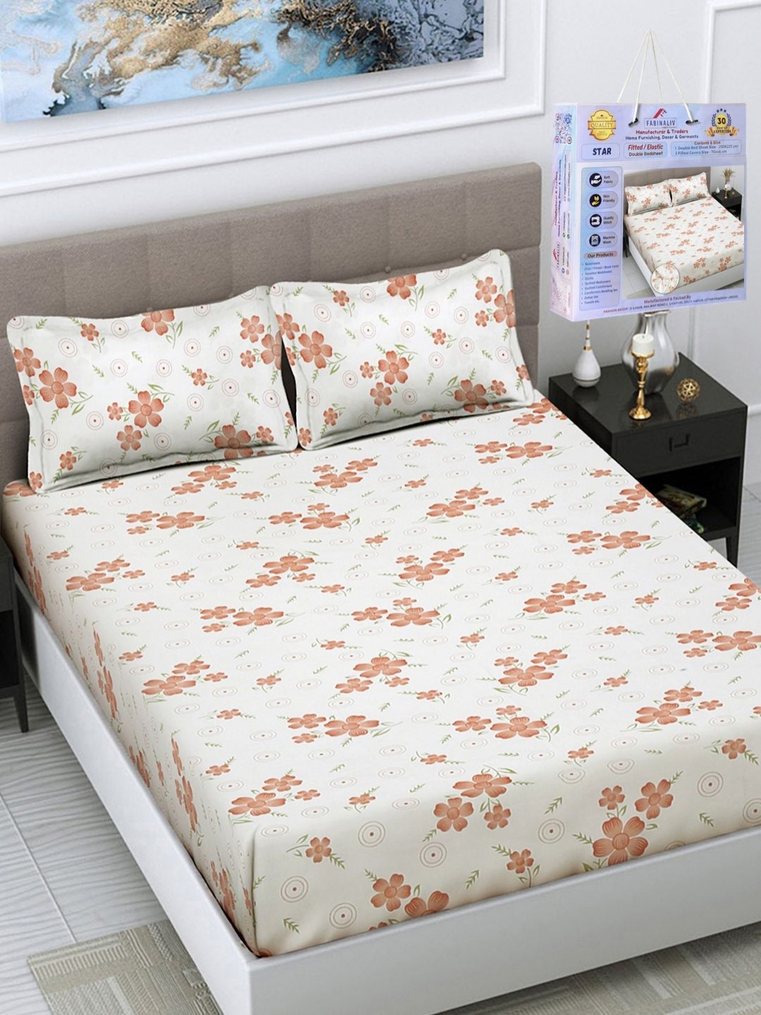 

FABINALIV White & Brown Floral 300 TC King Bedsheet with 2 Pillow Covers 2.50 m x 2.25 m