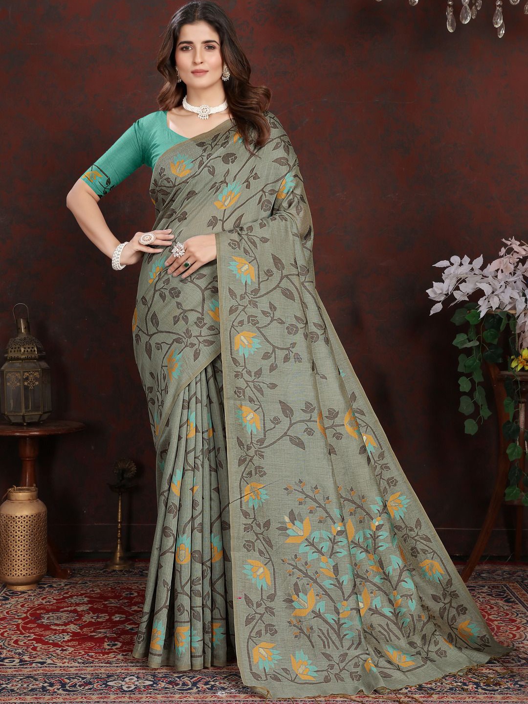 

ISHIKA FAB Floral Pure Cotton Jamdani Saree, Grey