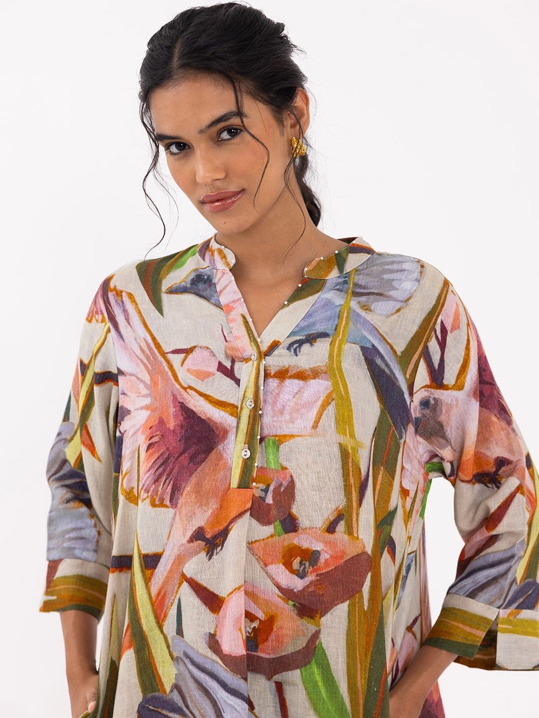 

THR3Letter Printed Cotton Linen Tunic & Trouser Co-Ords, Off white
