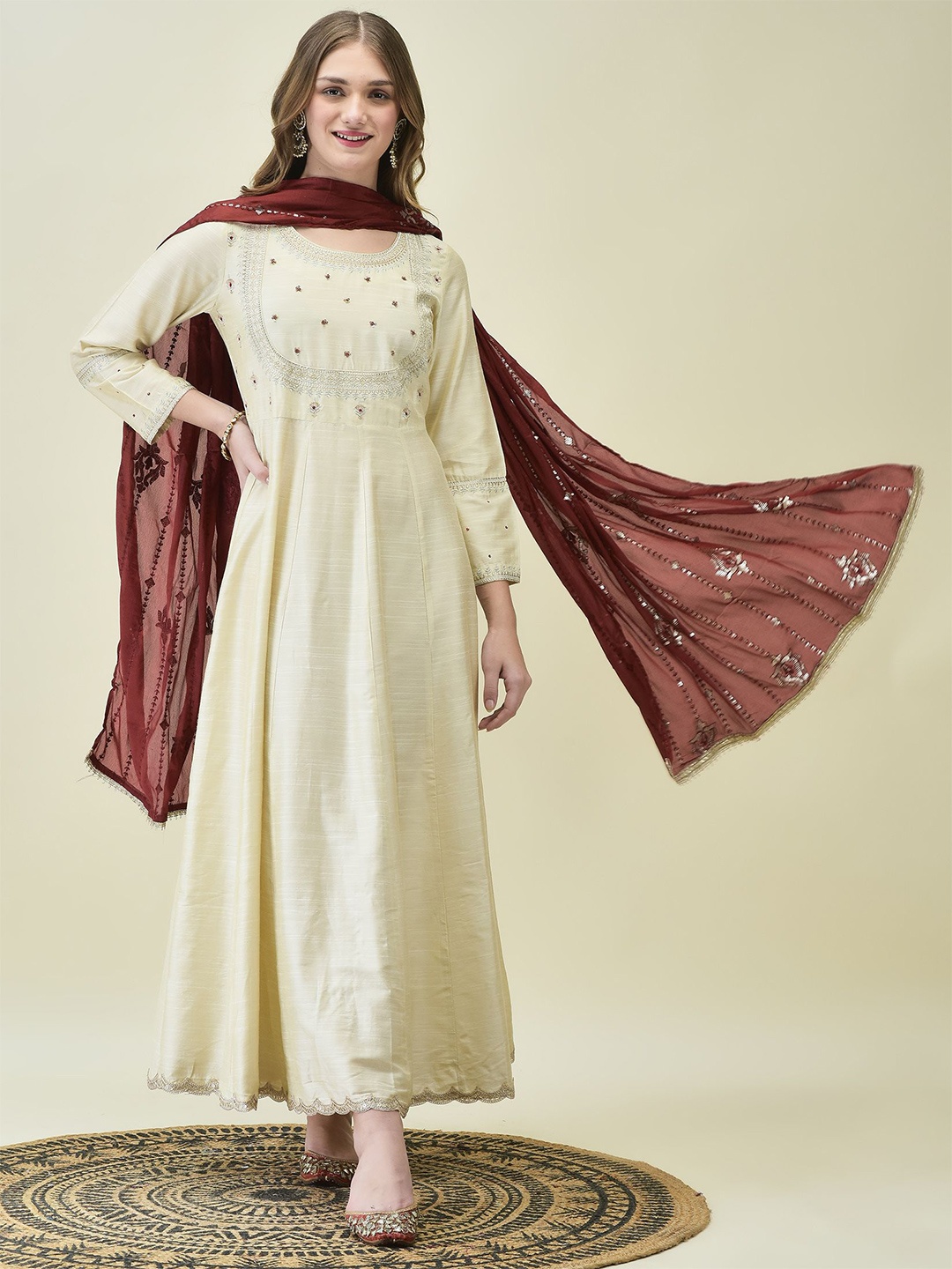 

Shree Women Fit & Flare Embroidered Dress With Dupatta, Beige