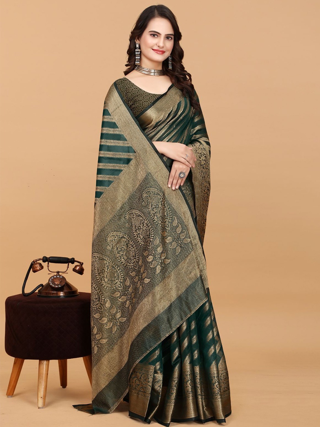 

Areca Designer Woven Design Zari Organza Banarasi Saree, Green