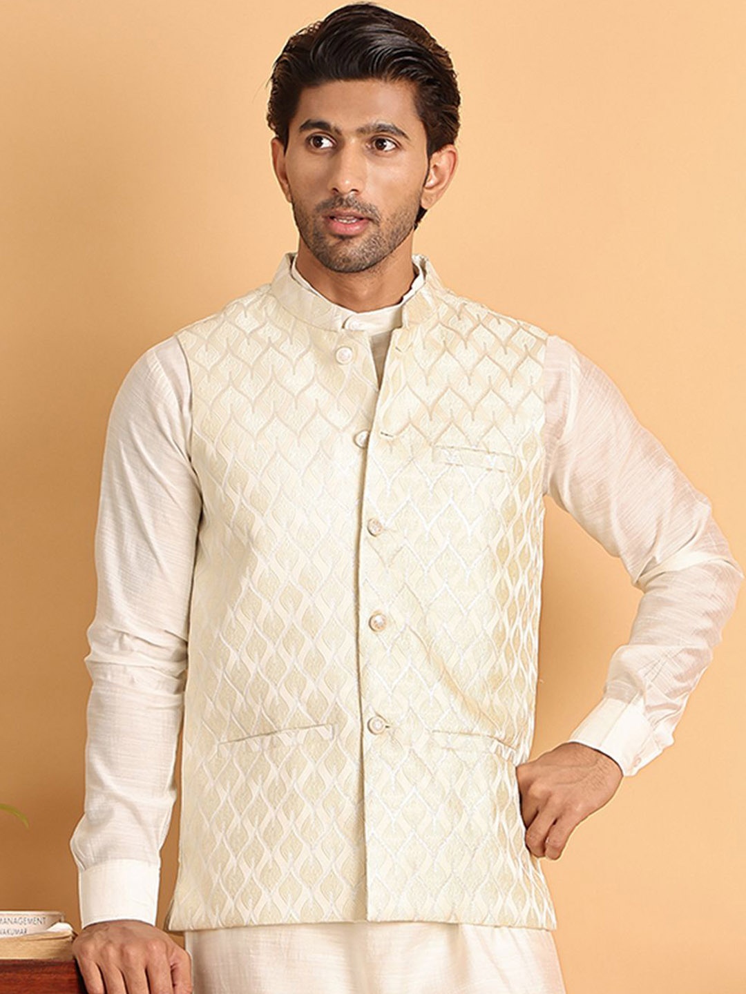 

Anouk Men Woven Design Nehru Jacket, White