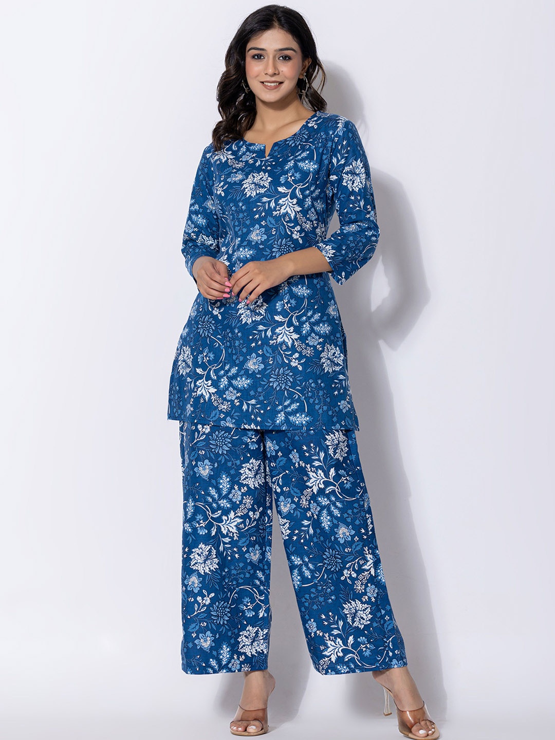 

Cottbelle Printed Pure Cotton Top & Trousers Co-Ords, Blue