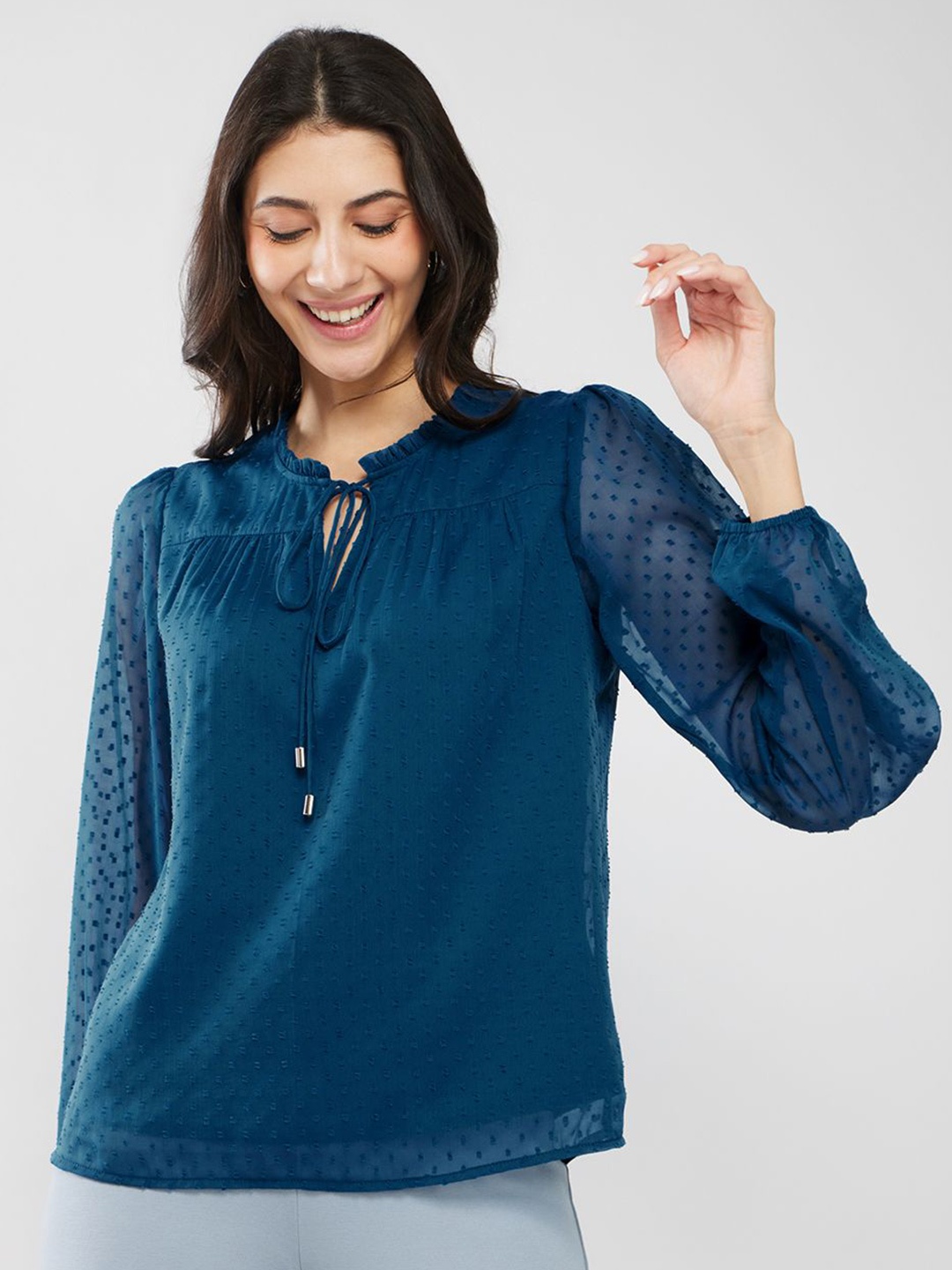 

FableStreet Tie-Up Neck Chiffon Top, Teal