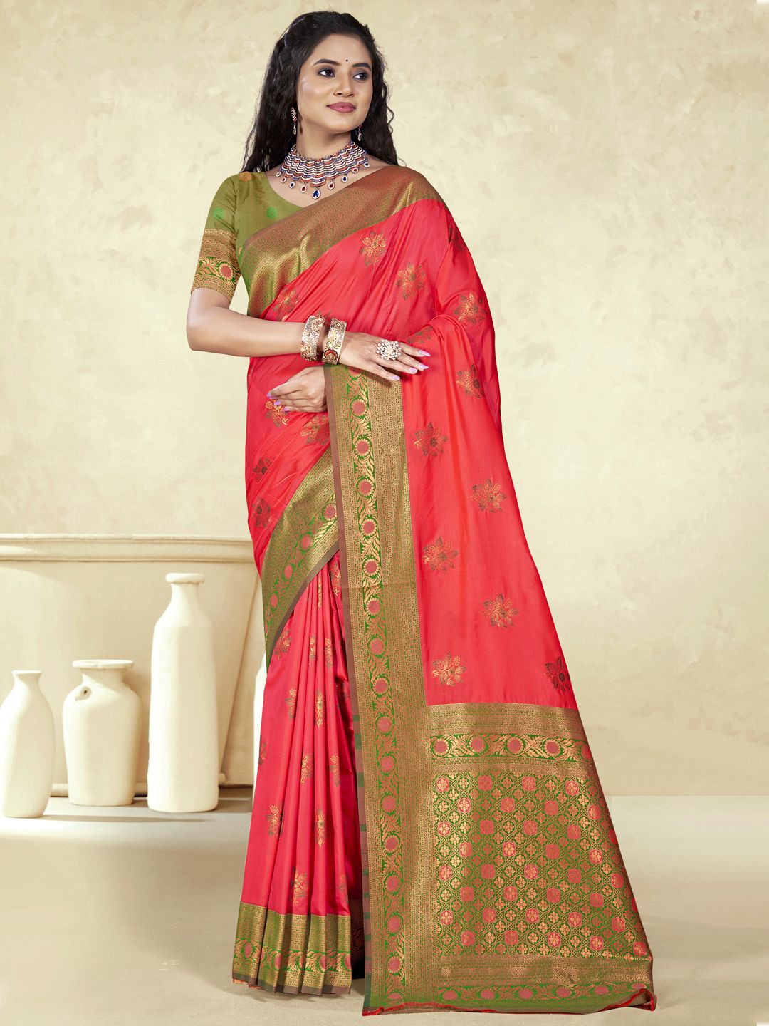 

SANGAM PRINTS Floral Zari Silk Blend Tussar Saree, Pink