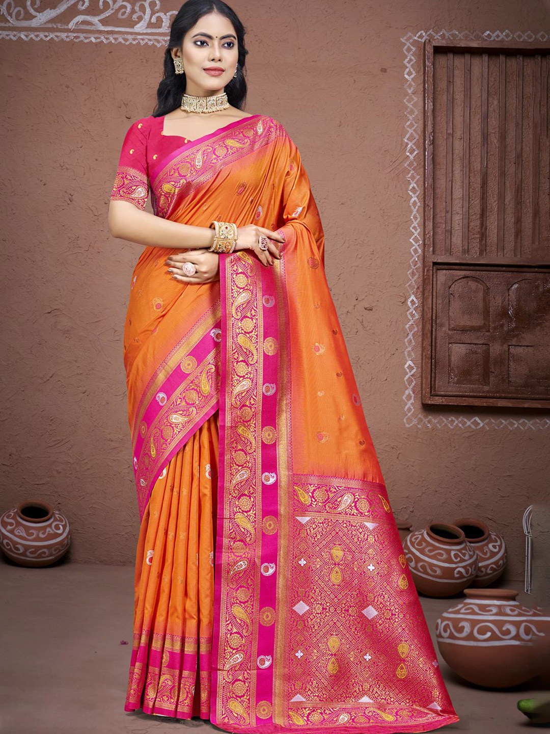 

SANGAM PRINTS Woven Design Zari Silk Blend Tussar Saree, Orange