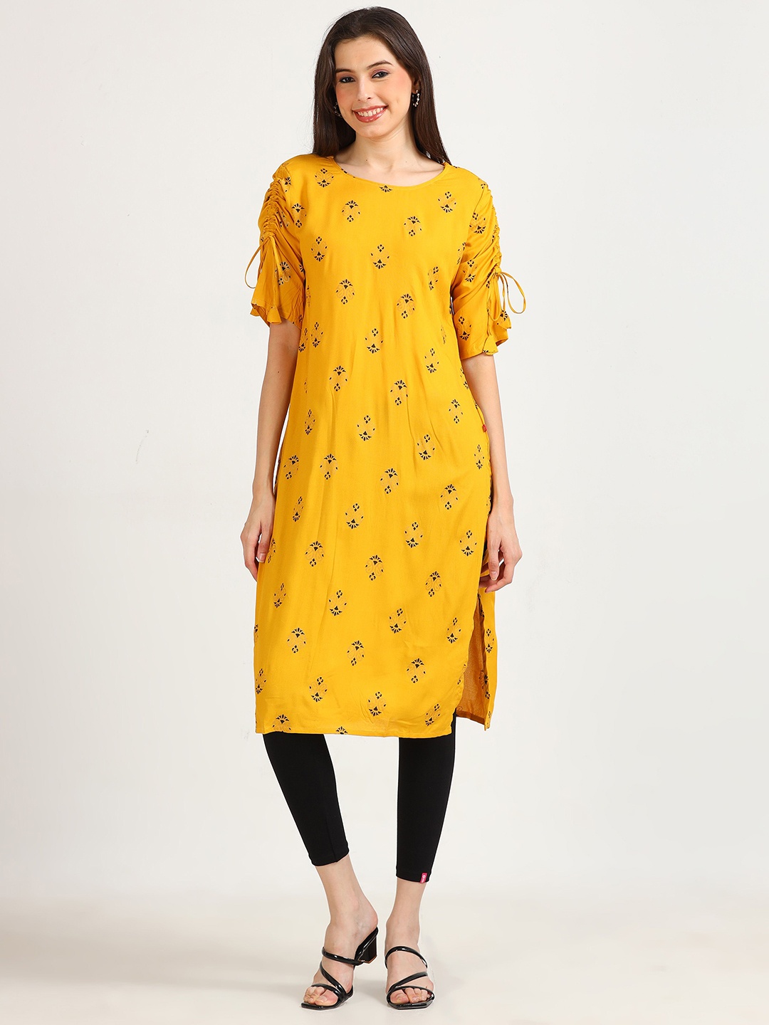 

Marcia Women Geometric Printed Cold-Shoulder Sleeves Thread Work Kurta, Mustard