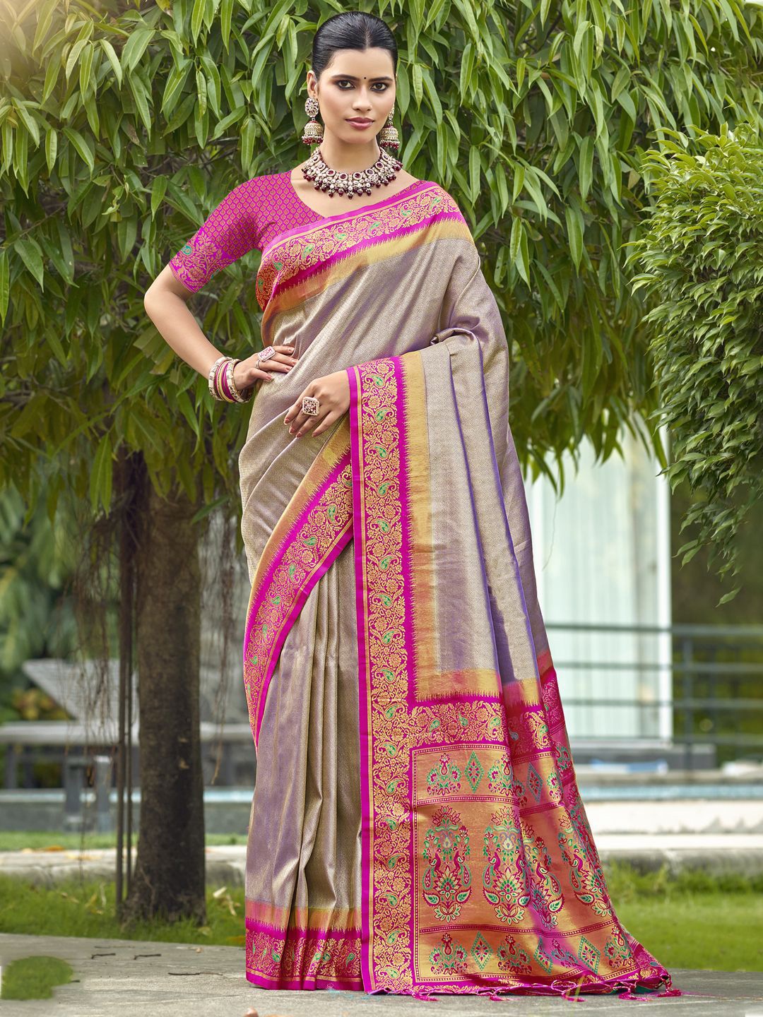 

SANGAM PRINTS Woven Design Zari Silk Blend Designer Tussar Saree, Grey
