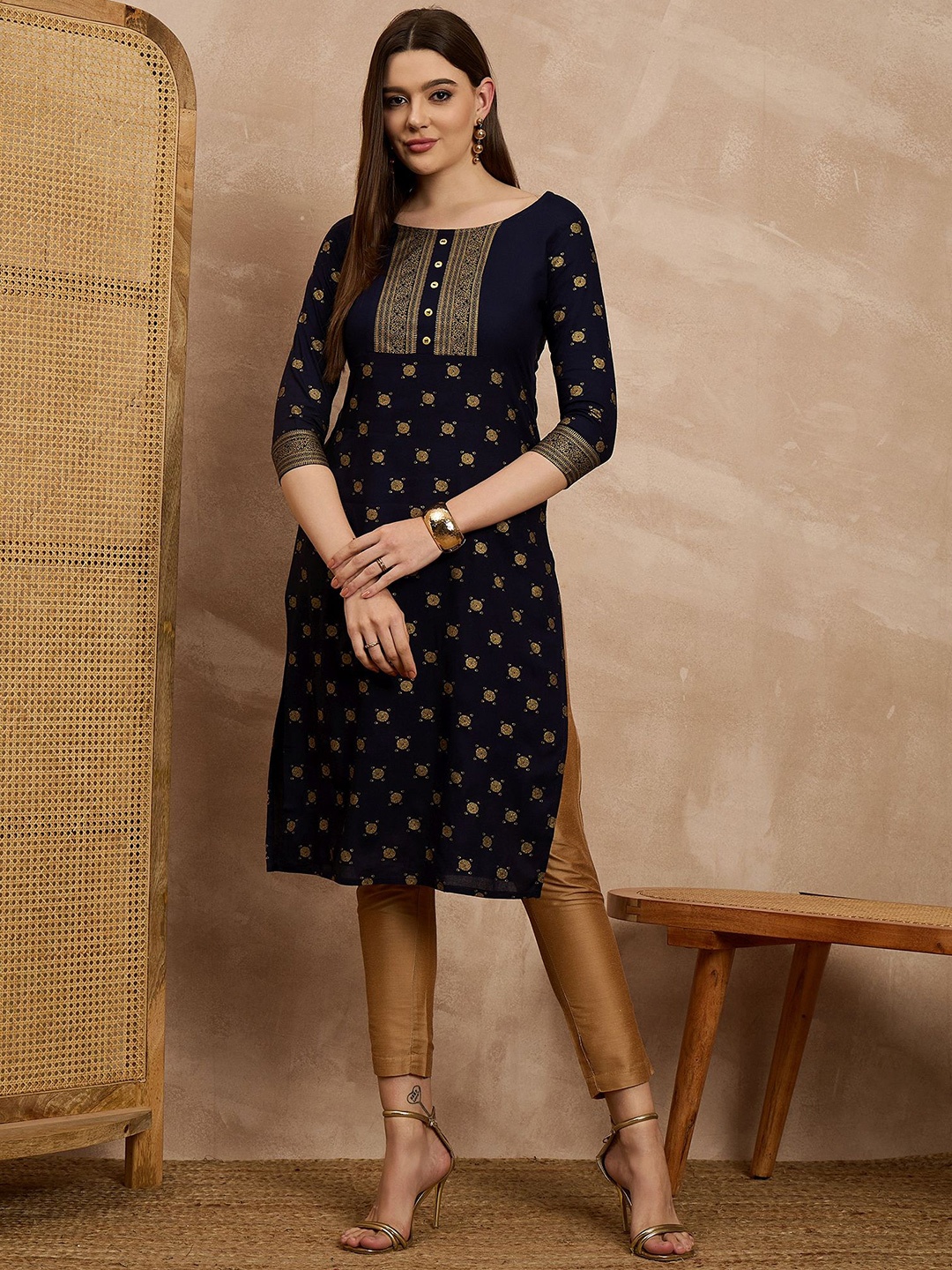 

all about you Women Ethnic Motifs Printed Yoke Design Kurta, Navy blue