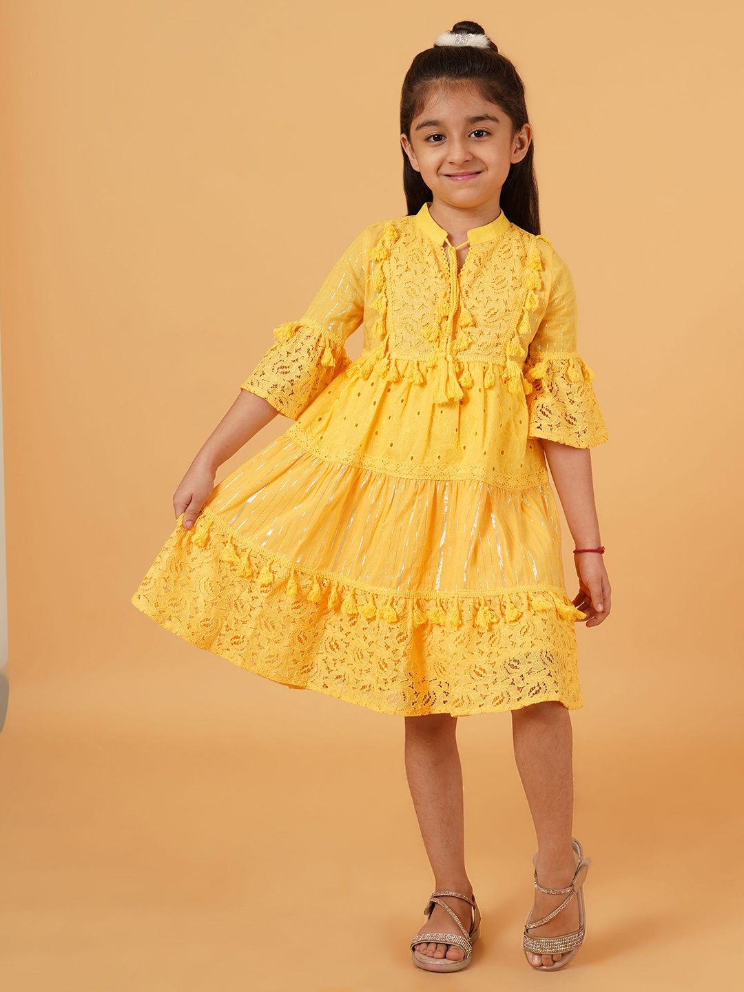 

HERE&NOW Embroidered Tie-Up Neck Bell Sleeve Fit & Flare Midi Dress, Yellow