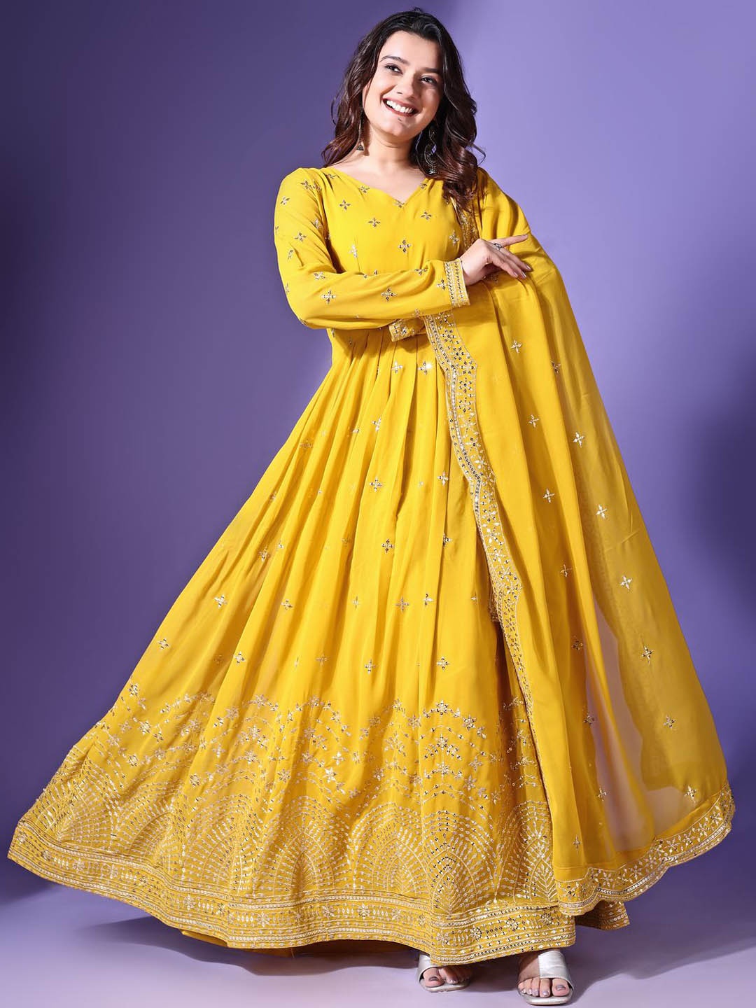 

Fashion Basket Embroidered Fit & Flared Gown, Yellow