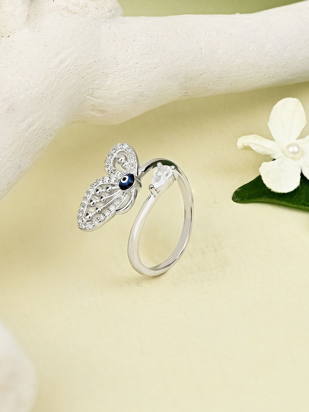 

TOUCH925 Pure Silver Cubic Zirconia Stone Studded Evil Eye Butterfly Finger Ring