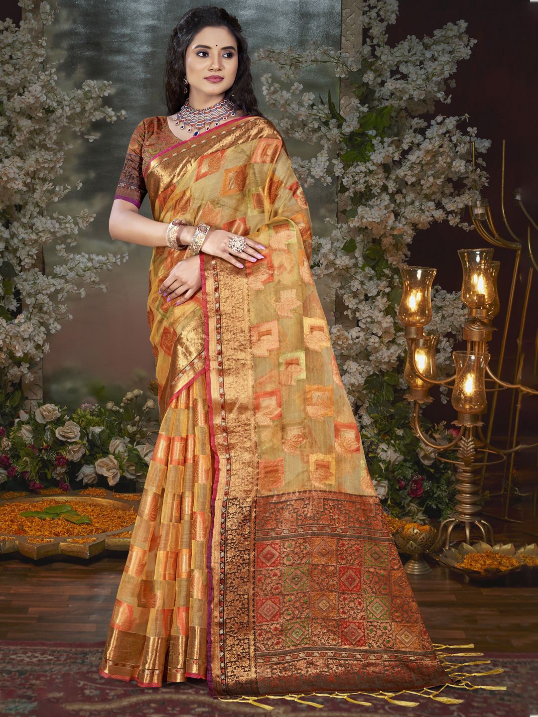 

SANGAM PRINTS Floral Zari Tissue Tussar Saree, Bronze