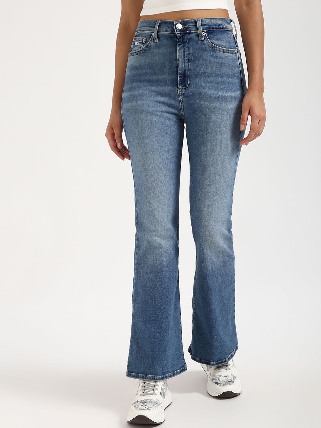 

Tommy Hilfiger Women Flared High-Rise Heavy Fade Stretchable Jeans, Blue