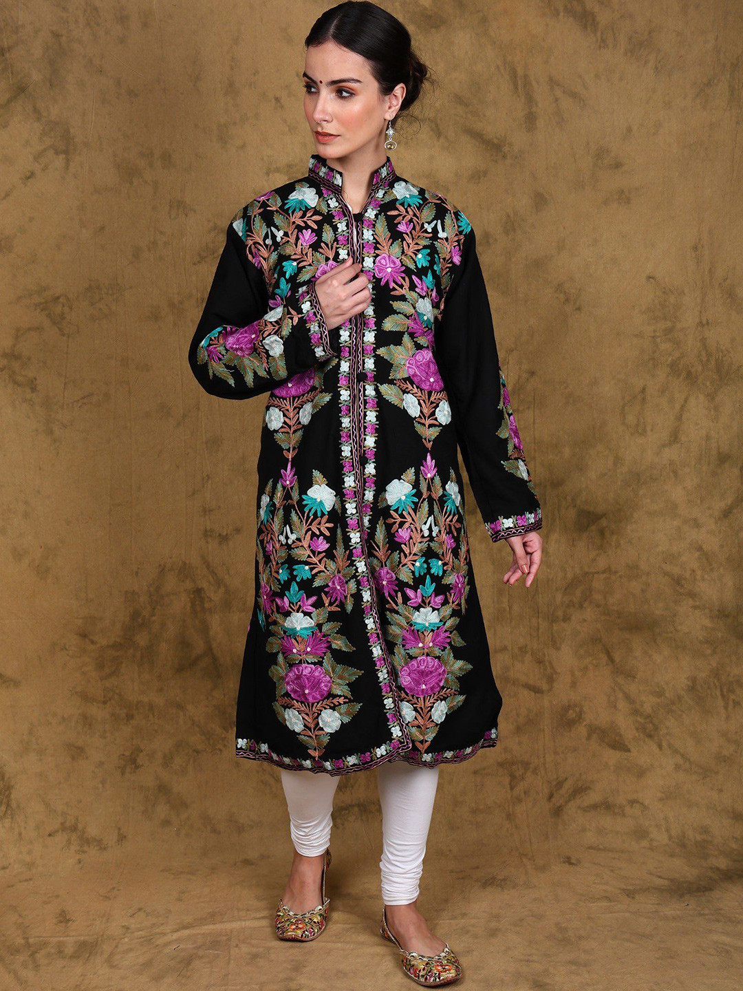 

Exotic India Women Floral Tailored Jacket with Embroidered, Black