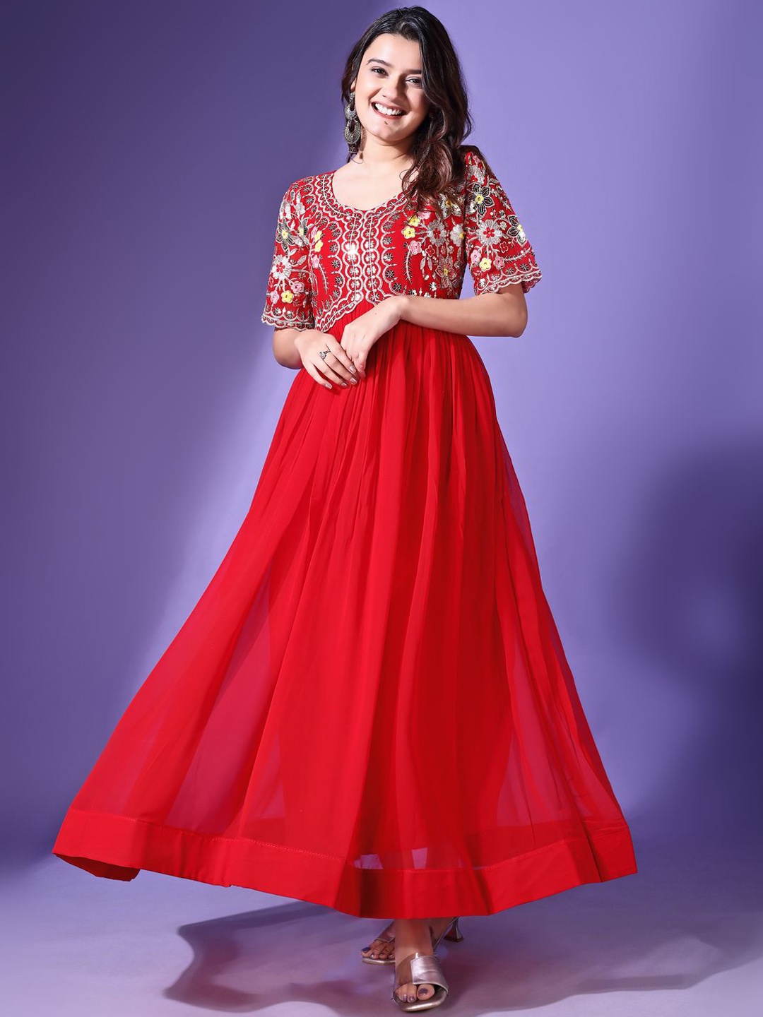 

Ethnic Yard Women Embroidered Thread Work Georgette Kurta, Red