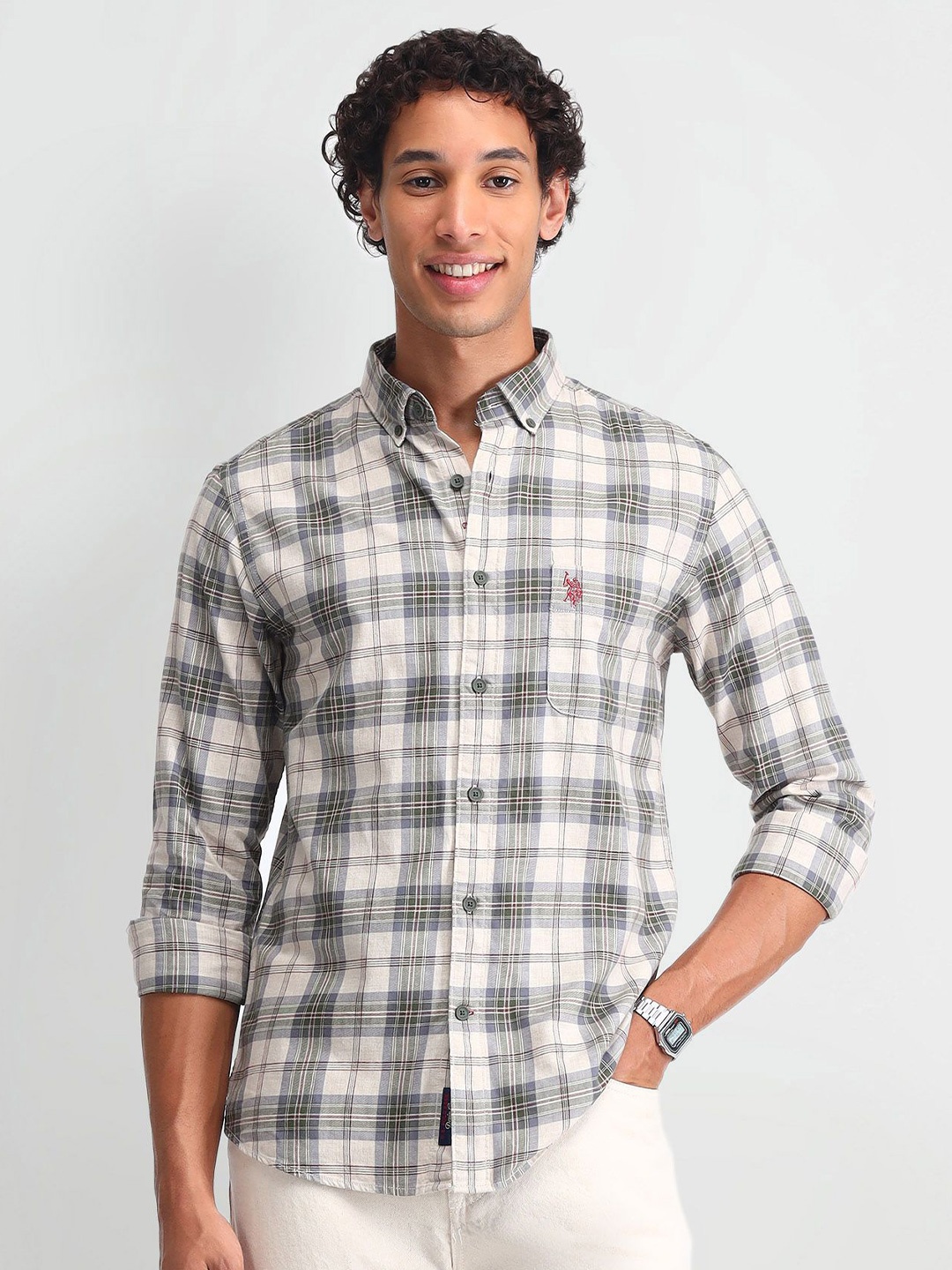 

U.S. Polo Assn. Denim Co. Men Smart Slim Fit Opaque Checked Casual Shirt, Beige