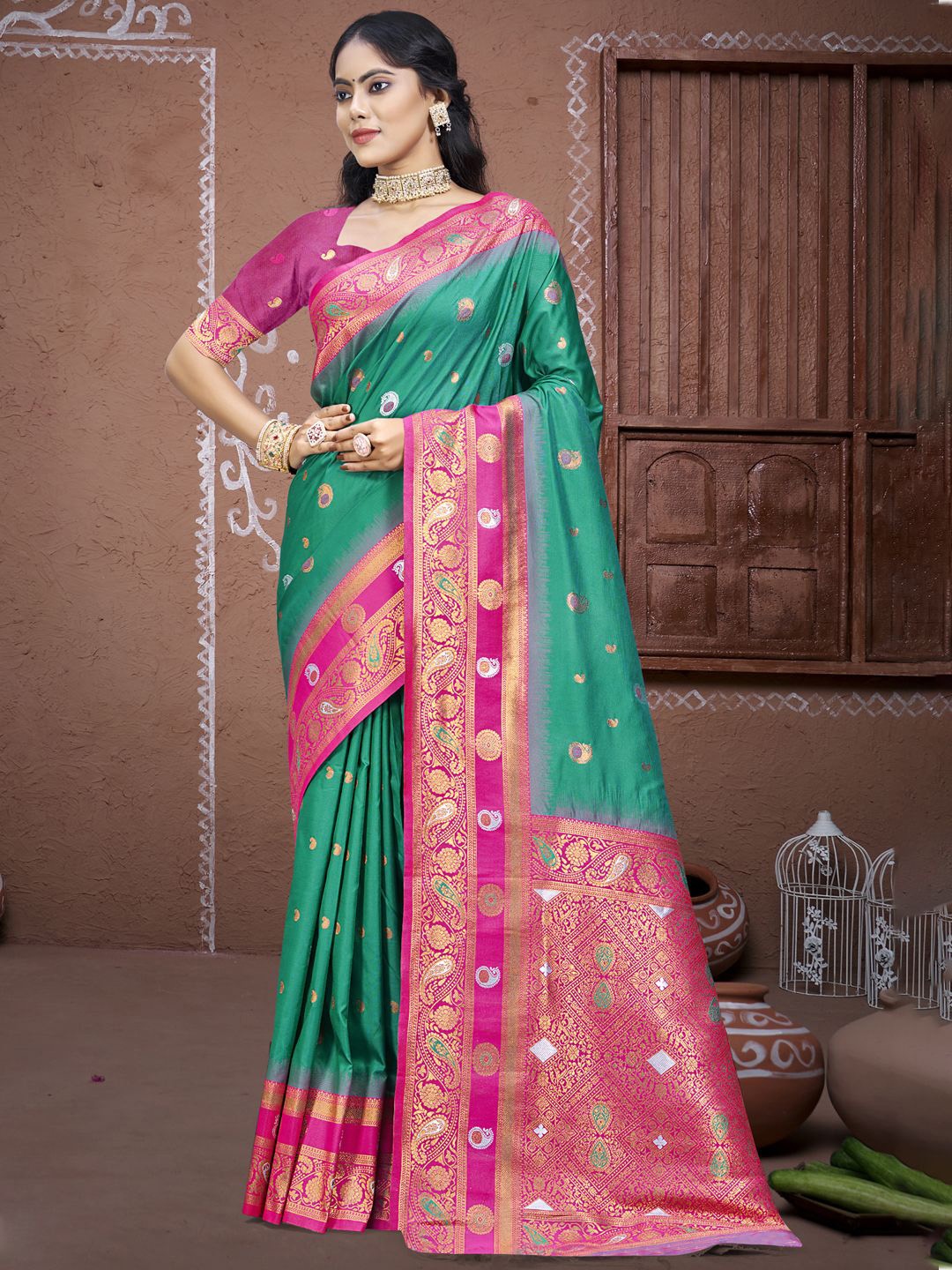 

SANGAM PRINTS Woven Design Zari Silk Blend Tussar Saree, Green