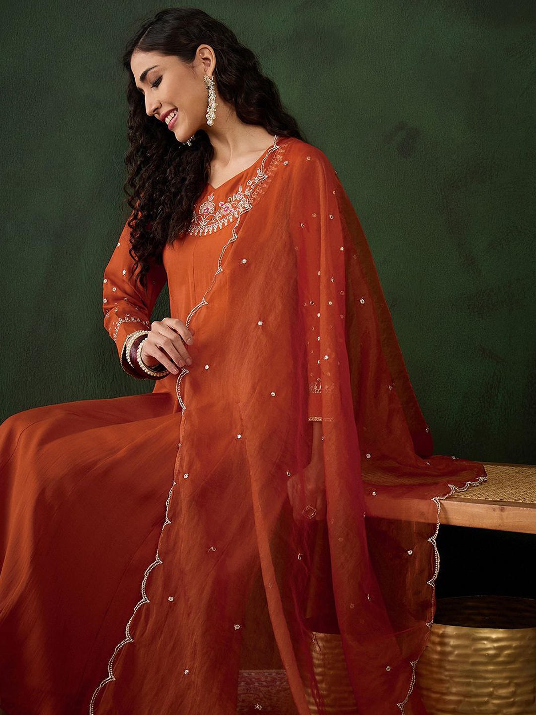 

Sangria Embroidered A-Line Kurta & Trousers With Dupatta, Orange