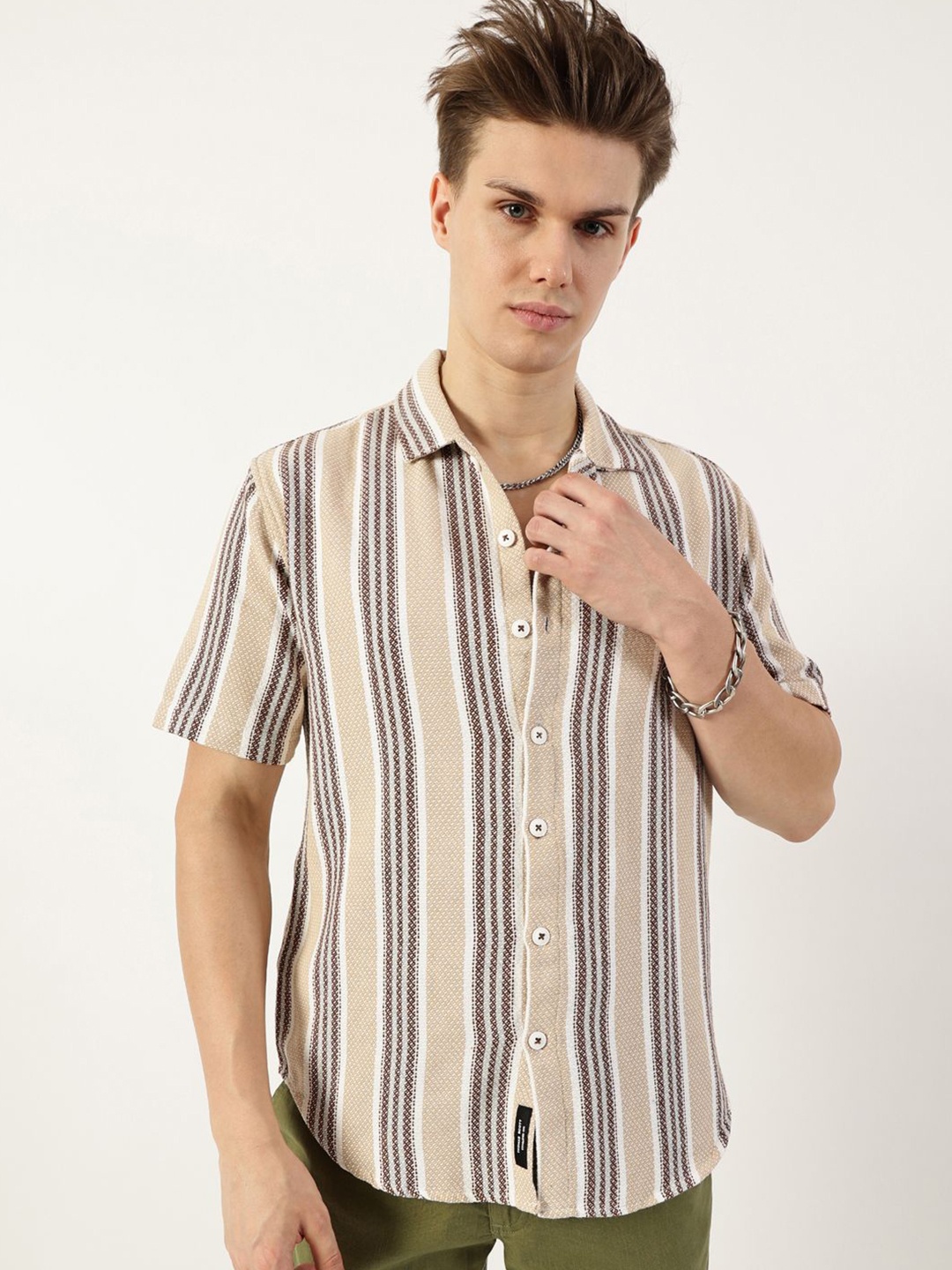 

Thomas Scott Men Premium Spread Collar Vertical Striped Cotton Oversized Casual Shirt, Beige