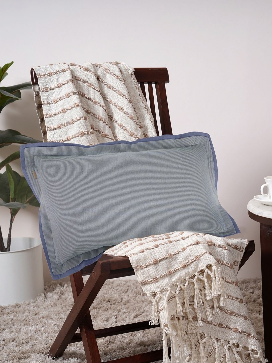 

MASPAR Pin Stripe Blue Textured Cotton Rectangle Cushion Cover