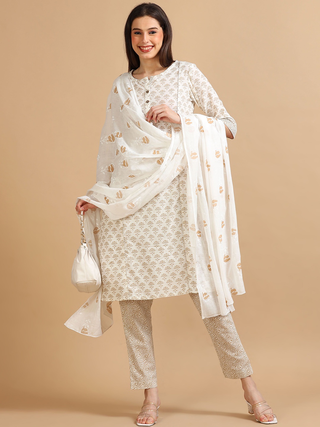 

Marcia Women Floral Printed Regular Pure Cotton Kurta with Trousers & With Dupatta, Gold