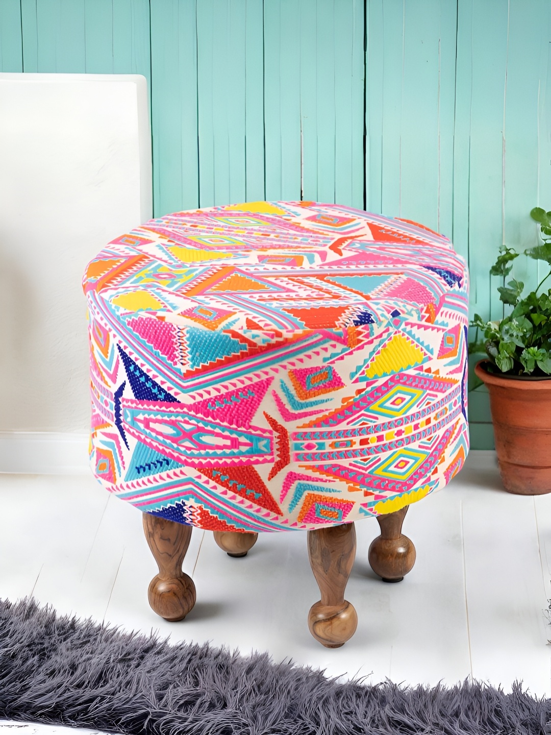 

Ikiriya Pink & Yellow Printed Wooden Round Ottomans