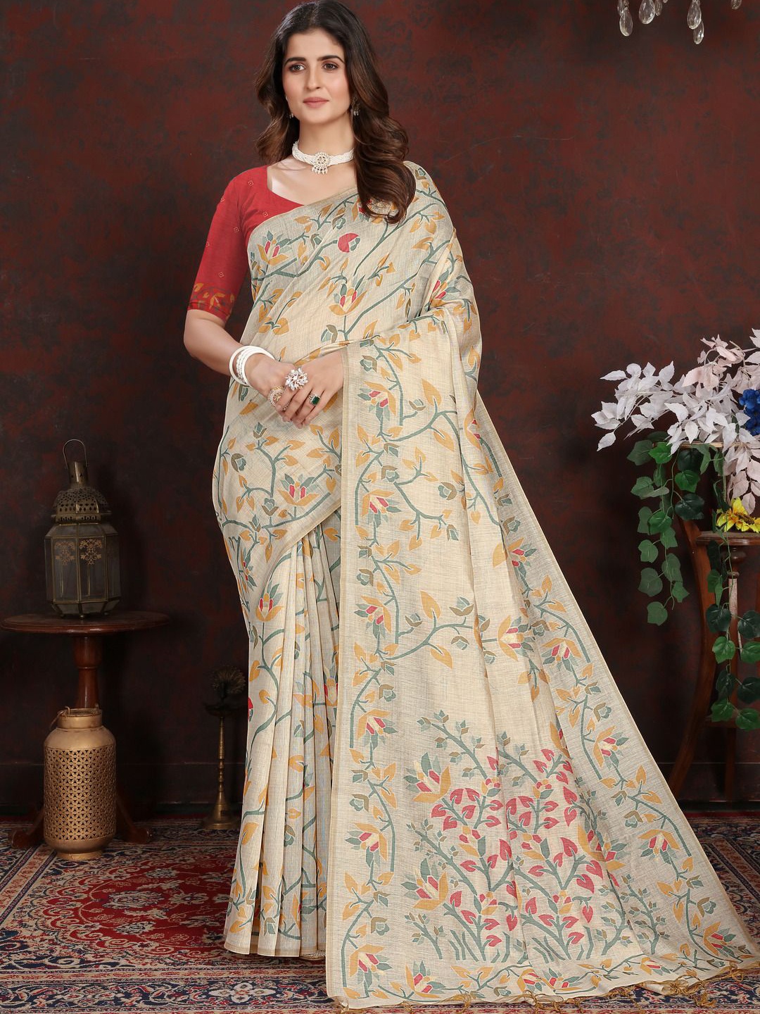 

ISHIKA FAB Woven Design Pure Cotton Jamdani Saree, Red