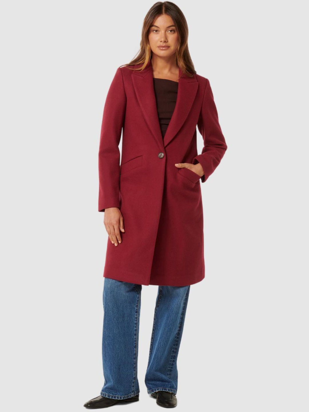 

Forever New Long Sleeve Single Breasted Longline Overcoat, Red