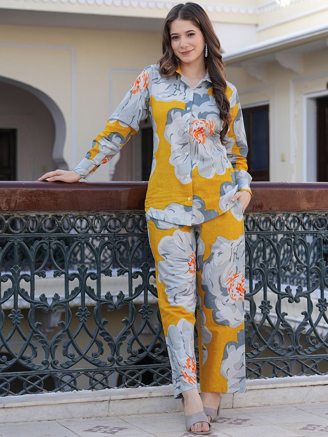 

ERISHA Printed Pure Cotton Shirt & Trouser Co-Ords, Yellow