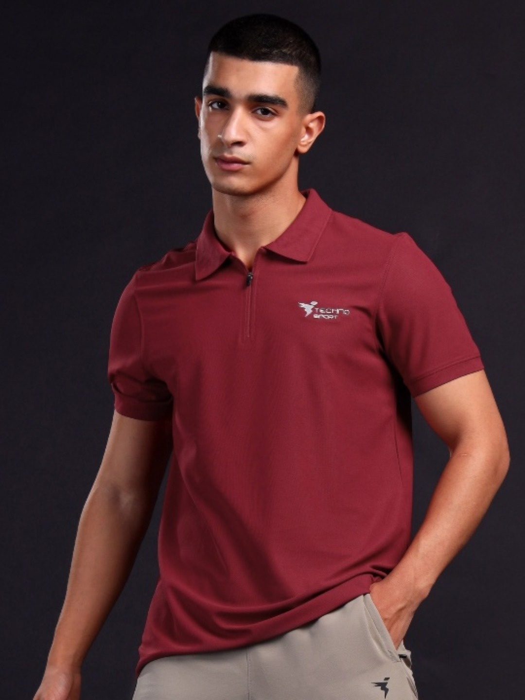 

Technosport Men Polo Collar Antimicrobial Slim Fit T-shirt, Red
