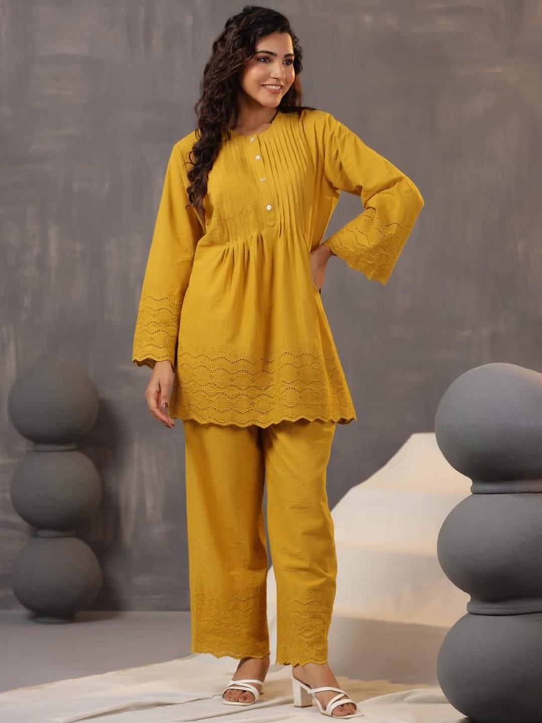

KALINI Women Pleated Thread Work Pure Cotton Kurta with Palazzos, Mustard