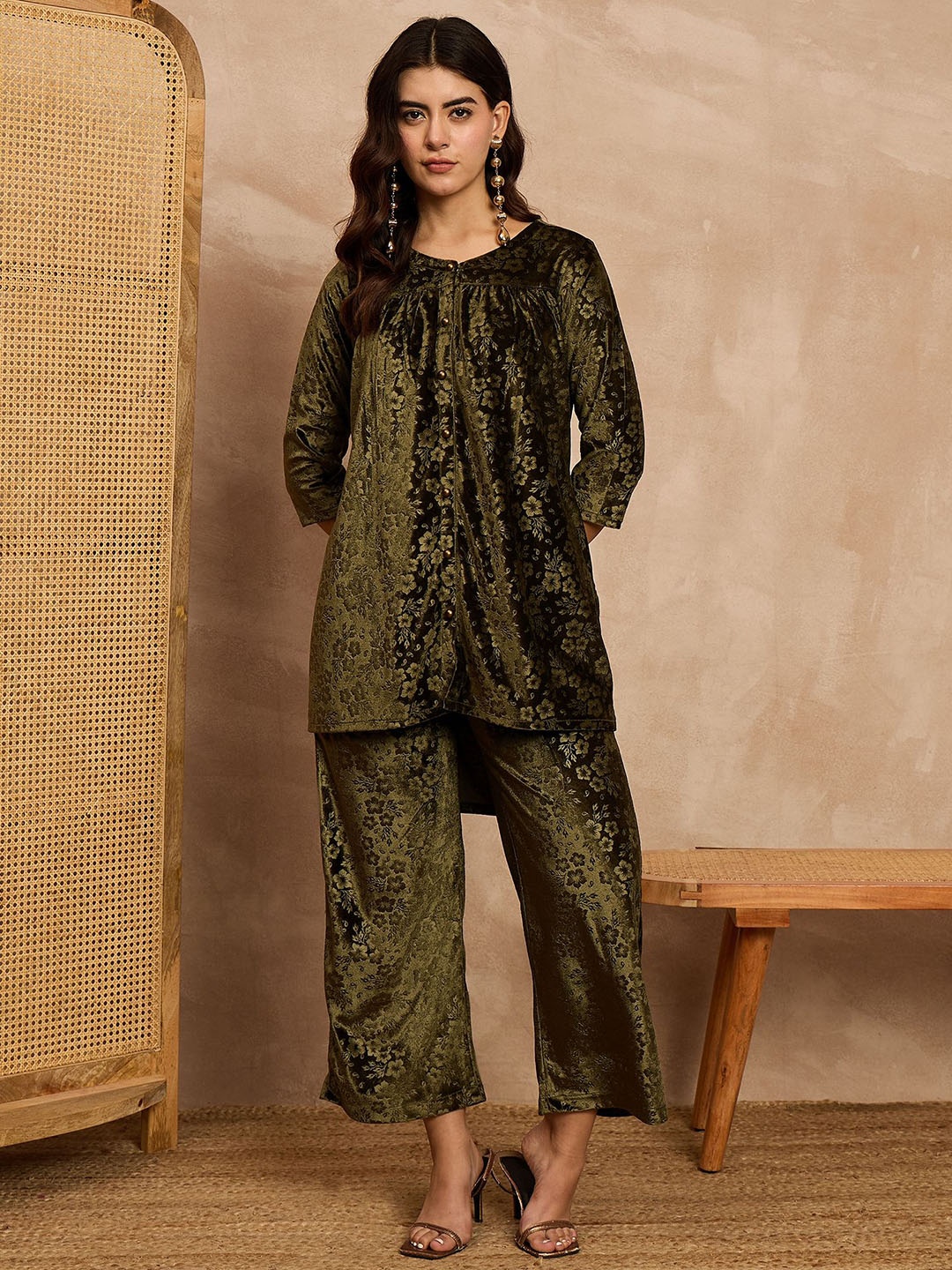 

all about you Women Velvet V-Neck Self Design Buttoned Tunic with Trouser, Olive