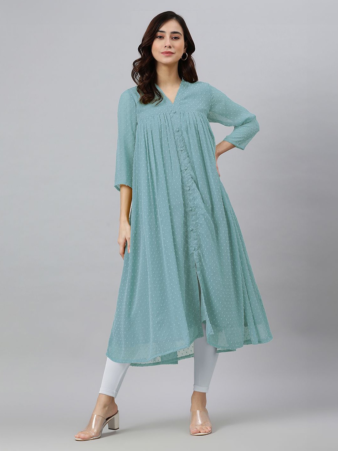 

Janasya Women Blue Dobby Chiffon Self Design Flared Kurta