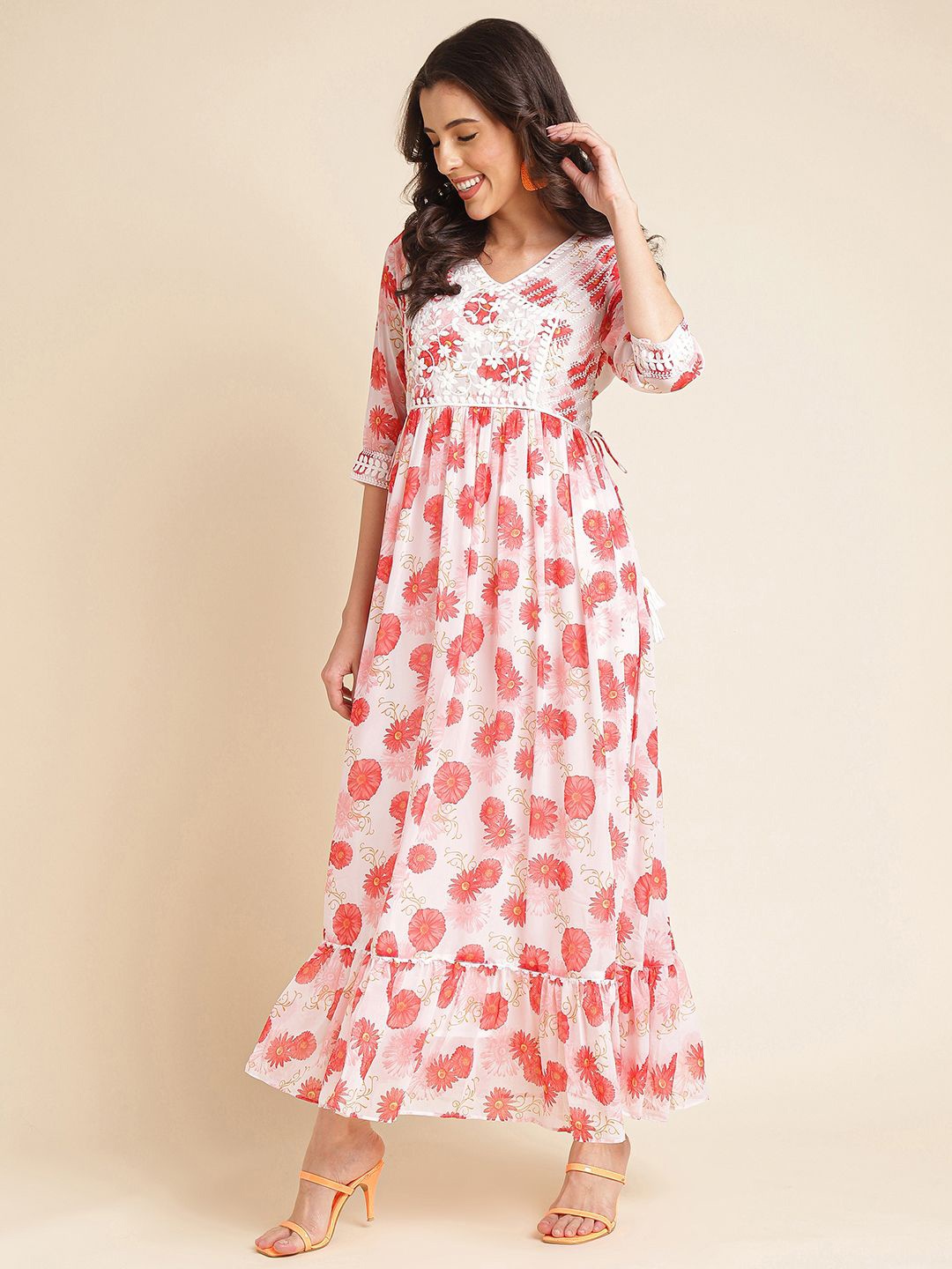 

all about you Embellished Embroidered Georgette Fit & Flare Maxi Dress, Red