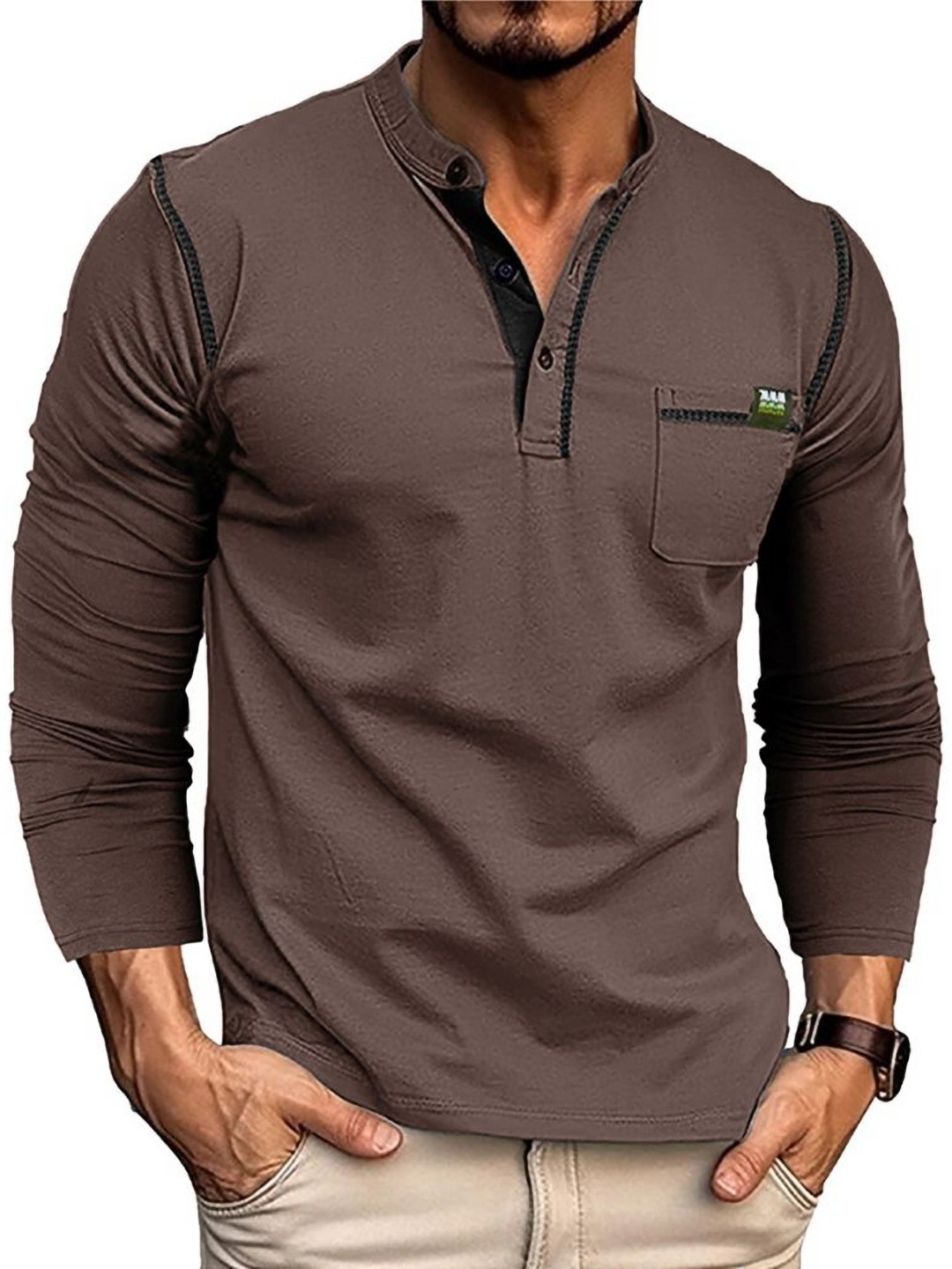 

StyleCast x Revolte Men Solid Mandarin Collar Cotton T-shirt, Brown