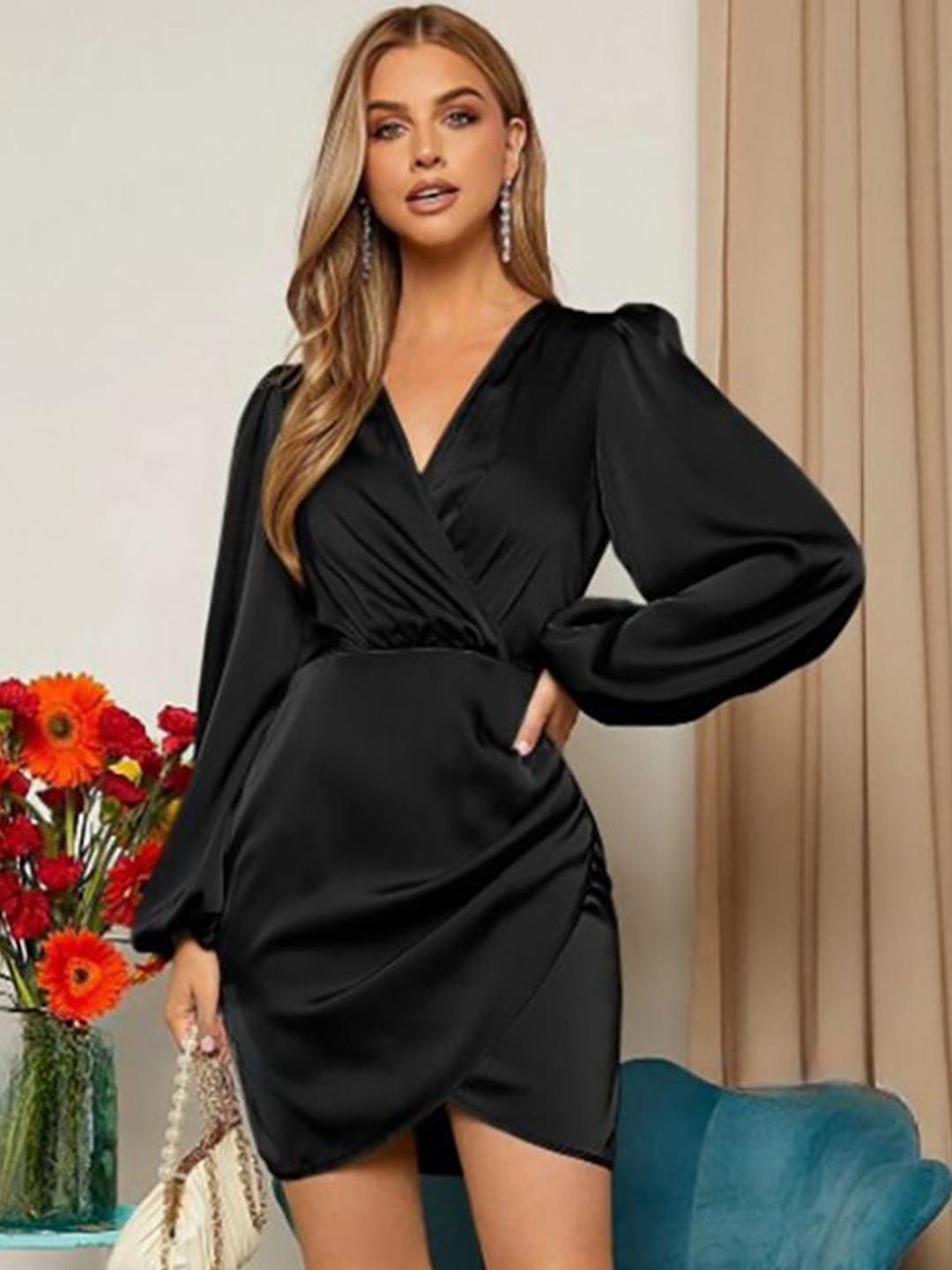 

StyleCast Puff Sleeve Satin A-Line Dress, Black